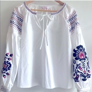 Parker Marcianna Top in White Embroidered White Long Sleeve Blouse Size XS